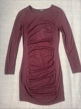 Express Ruched Long Sleeve Bodycon Dress - Burgundy